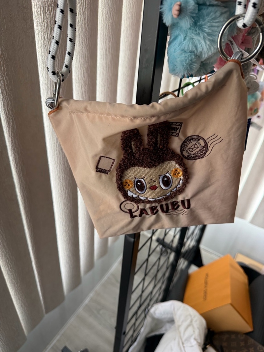 Labubu Beige Crossbody Bag with Cute Embroidered Character
